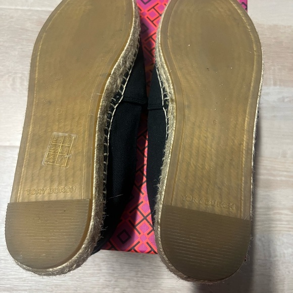 Tory Burch Black and Tan raffia Embroidered Espadrilles